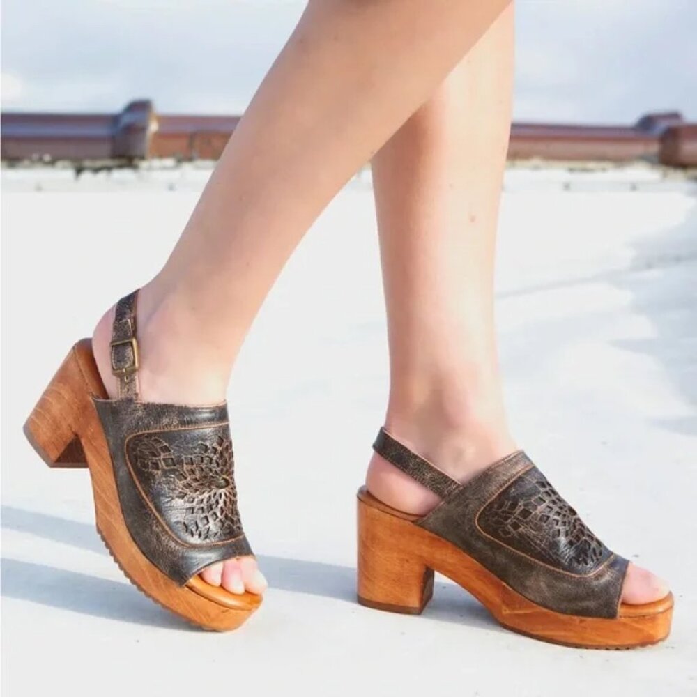 NWT Jinkie Heel Leather Black & Brown Rustic Chunky Platform Perforated Sandals - Picture 5 of 8